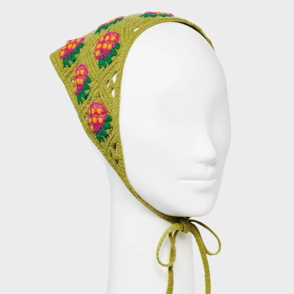 Green Crochet Floral Headscarf - Picture 1 of 4